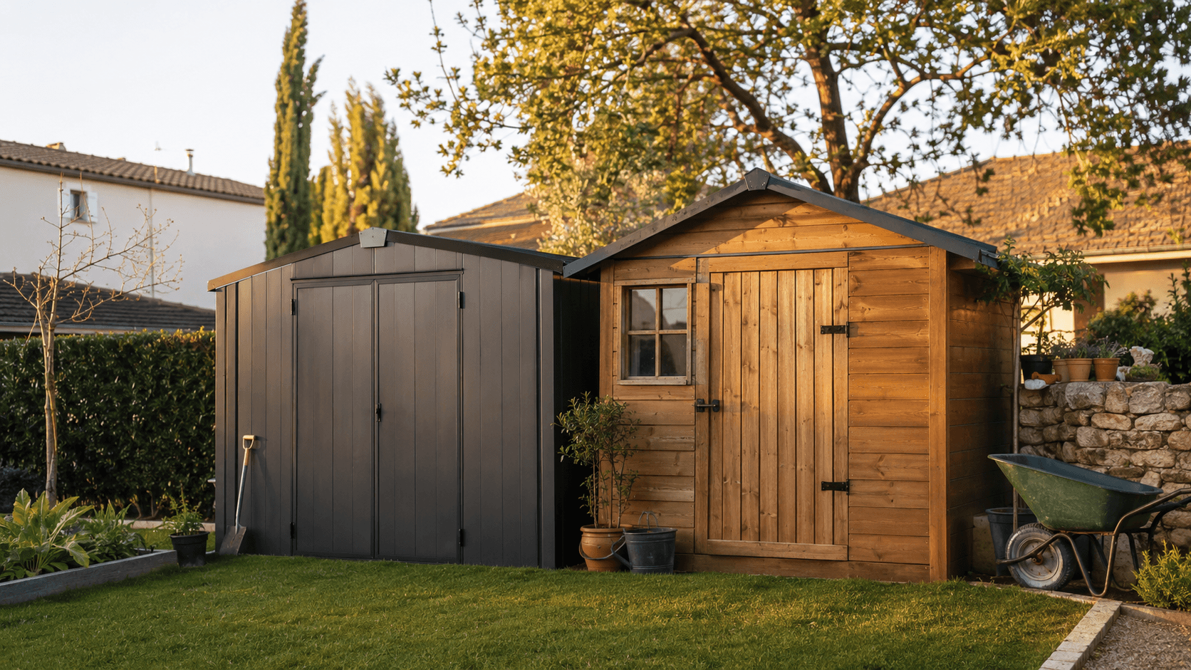 Un abri de jardin en métal anthracite à côté d'un abri en bois naturel dans un jardin résidentiel français, lumière dorée de fin d'après-midi