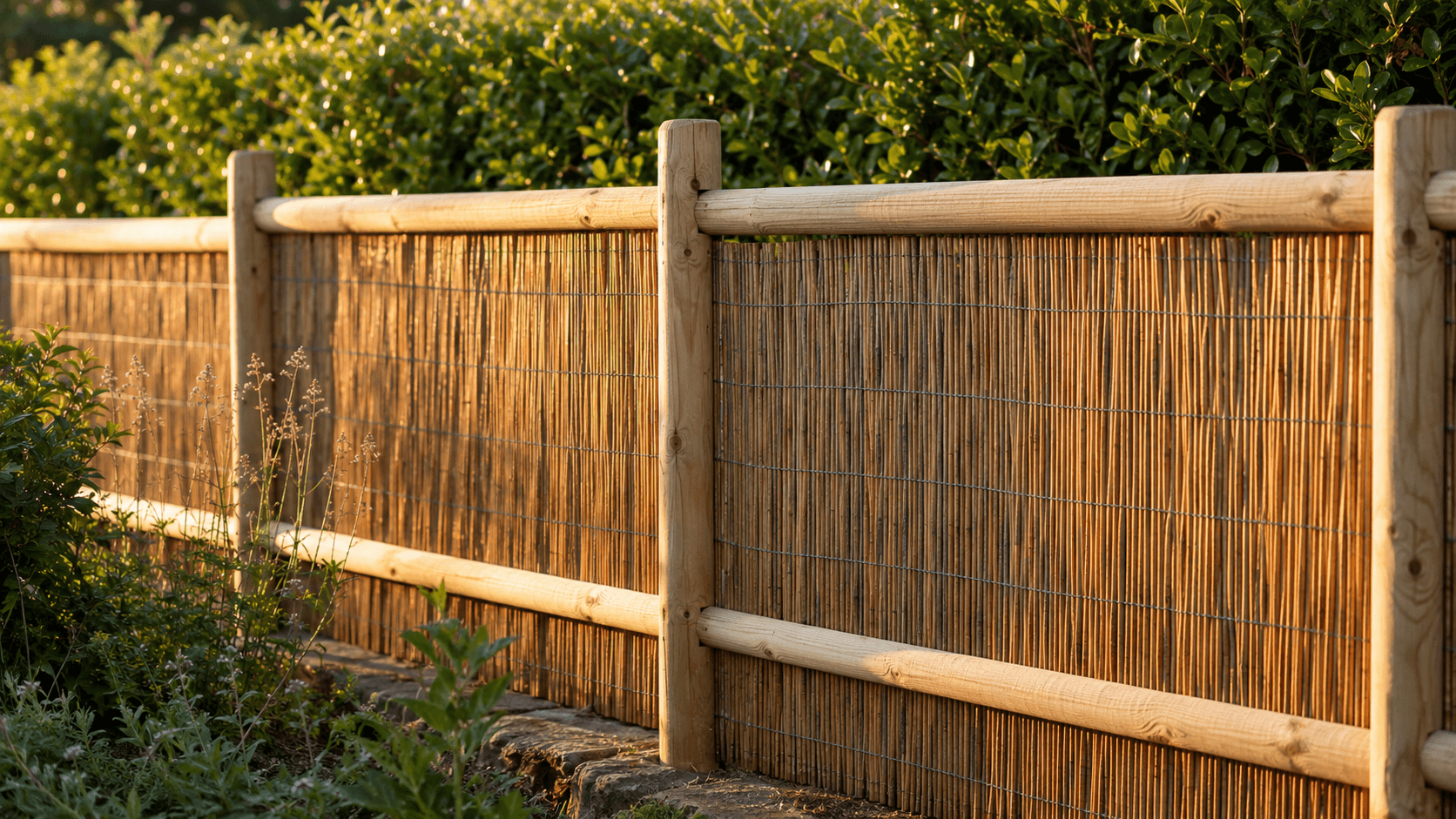 Canisse en roseau naturel fixée sur une clôture en bois, texture chaleureuse éclairée par une lumière dorée