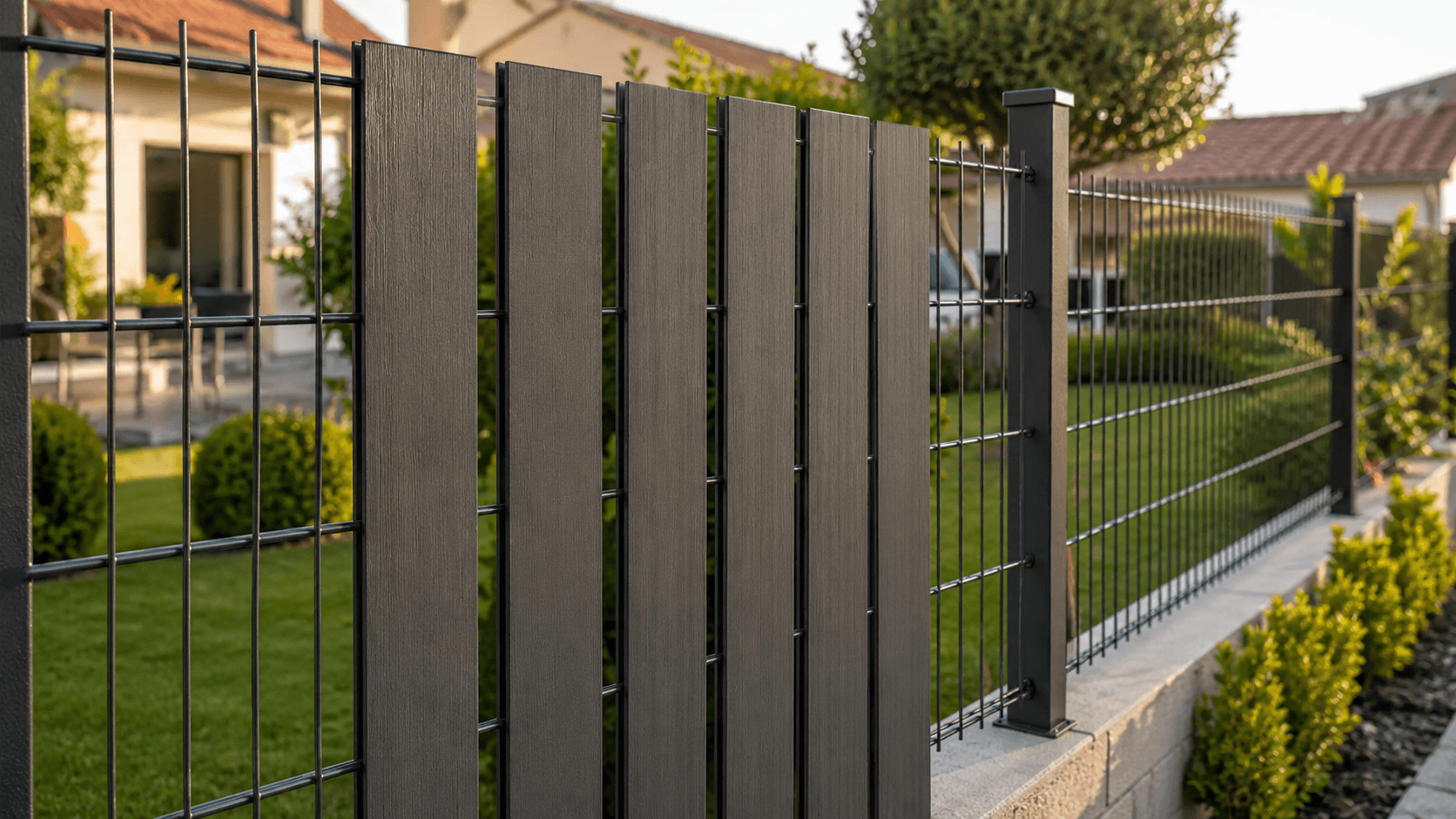 Lames occultantes en composite anthracite glissées verticalement entre les fils d'un grillage rigide dans un jardin