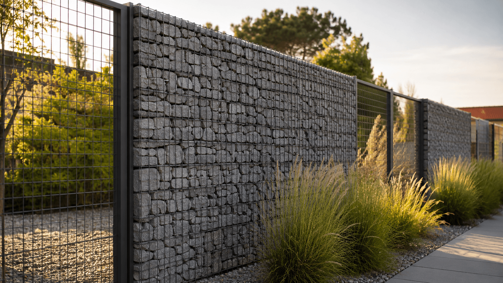 Brise-vue en gabion : deux panneaux grillagés remplis de pierres formant un mur d'occultation dans un jardin contemporain