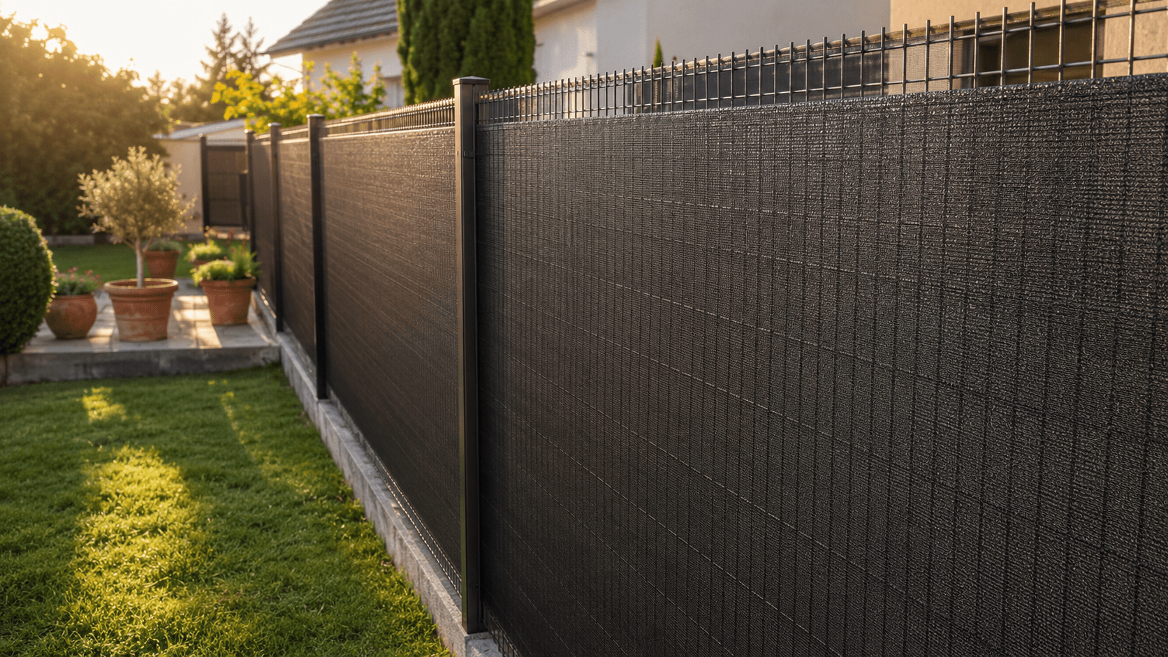 Clôture de jardin résidentielle française occultée par une toile brise-vue anthracite tendue sur un grillage rigide, en lumière dorée de fin d'après-midi