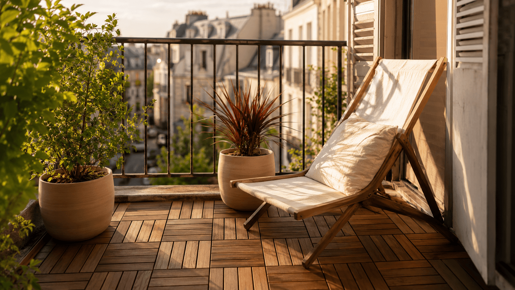 Balcon d'appartement habillé de dalles clipsables en bois d'acacia, avec des plantes en pot, en lumière dorée de fin d'après-midi