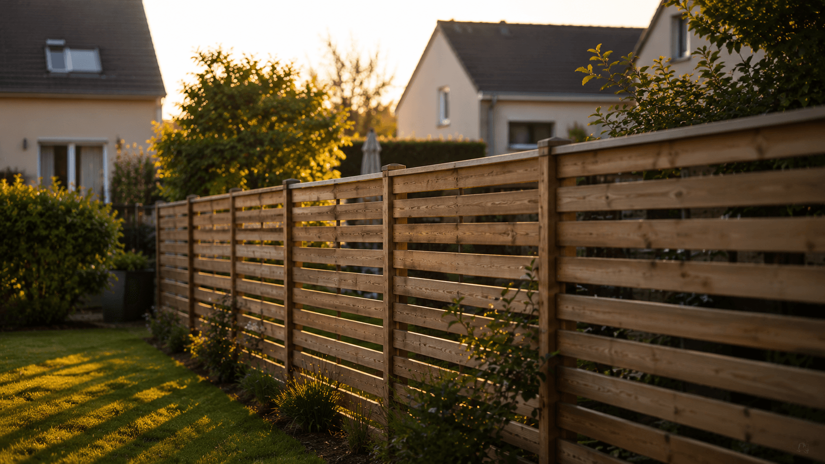 Clôture bois en limite de propriété entre deux jardins pavillonnaires français, lumière dorée de fin d'après-midi