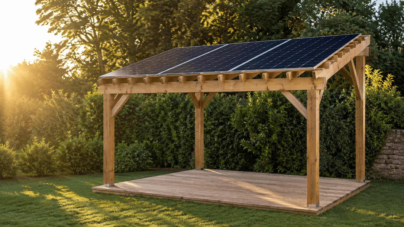 Pergola autoportée en bois pin clair 4×3 m avec quatre panneaux photovoltaïques montés sur la toiture, dans un jardin résidentiel français avec haie verte et lumière dorée de fin d'après-midi