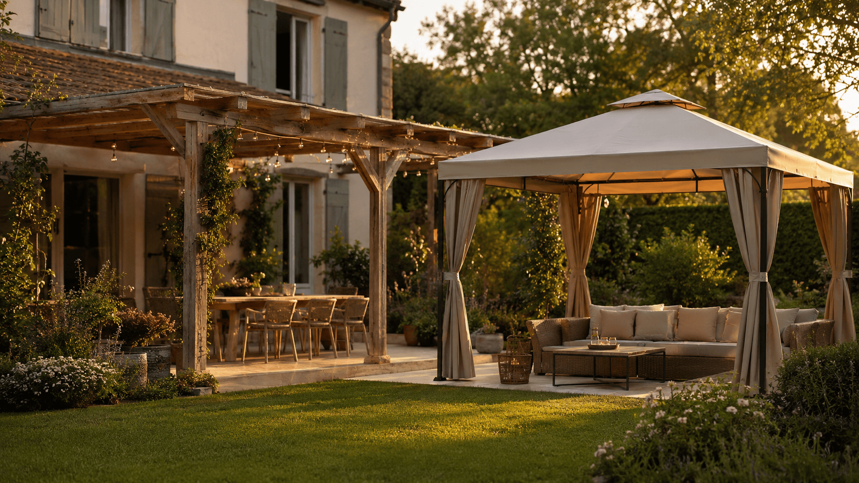 Une tonnelle de jardin à toile à côté d'une pergola en bois dans un jardin résidentiel français, en lumière dorée de fin d'après-midi