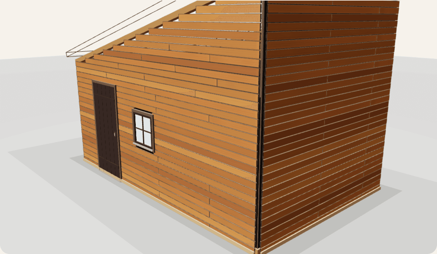 Vue 3D d'un cabanon ossature bois mono-pente avec bardage clin et porte façade