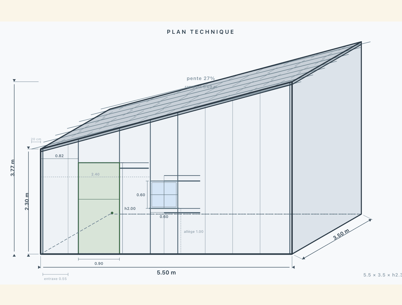 Plan technique coté d'un cabanon ossature bois 5,5 × 3,5 m hauteur 2,30 m avec pente 27%