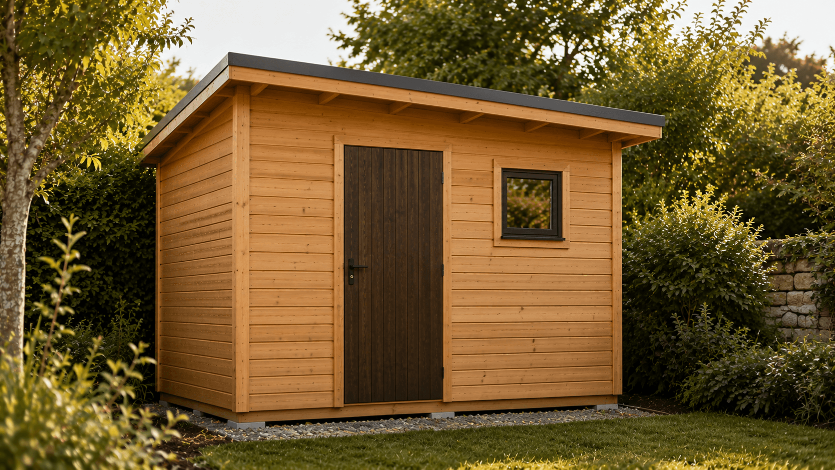 Cabanon ossature bois avec bardage clin et toit mono-pente en fond de jardin