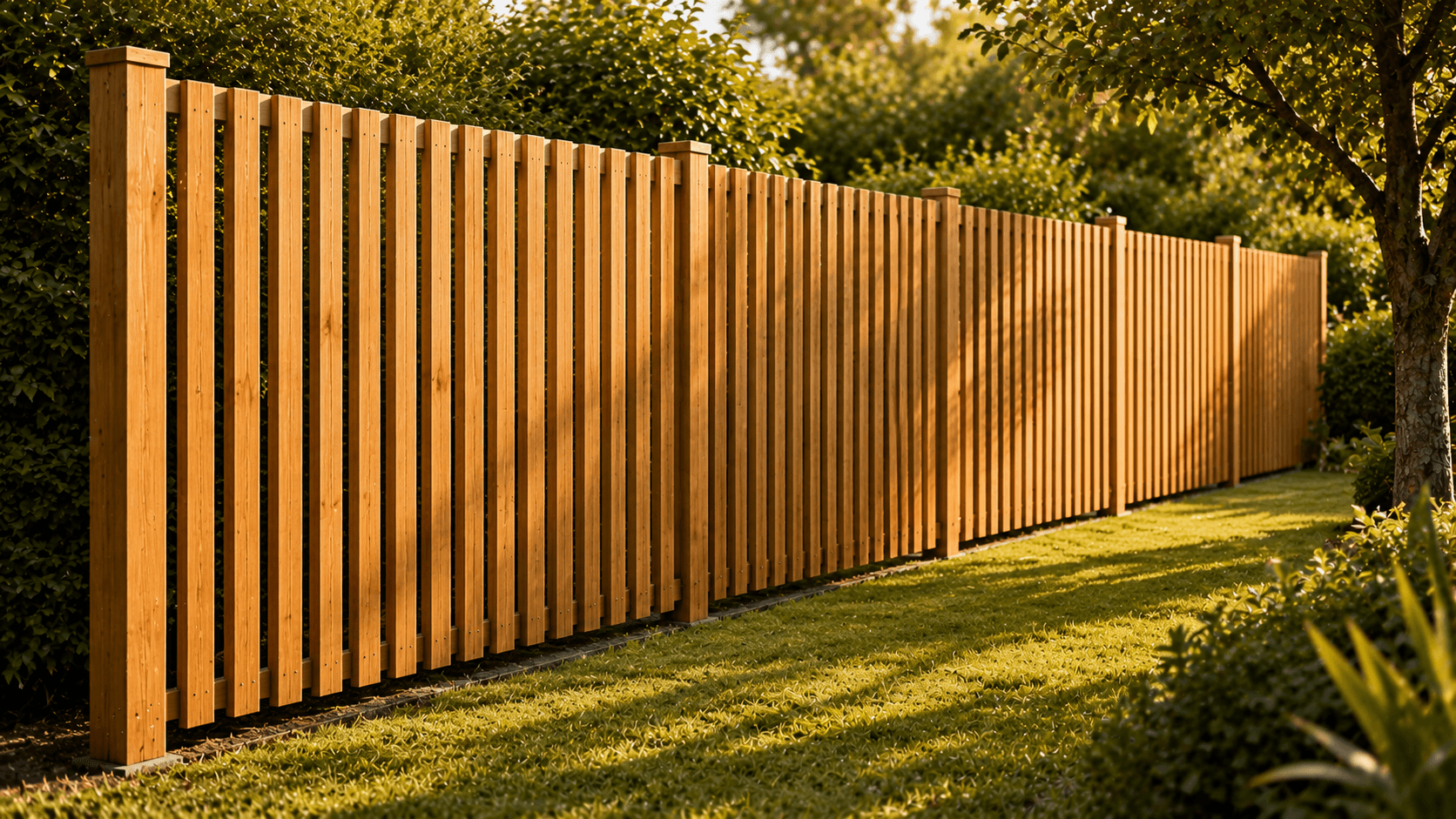 Clôture bois claire-voie verticale en pin classe 4 en bord de jardin