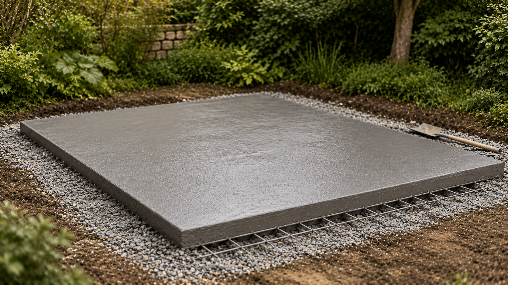 Dalle béton extérieure finie avec treillis soudé ST25 visible sur la tranche, prête à recevoir un cabanon ou une pergola