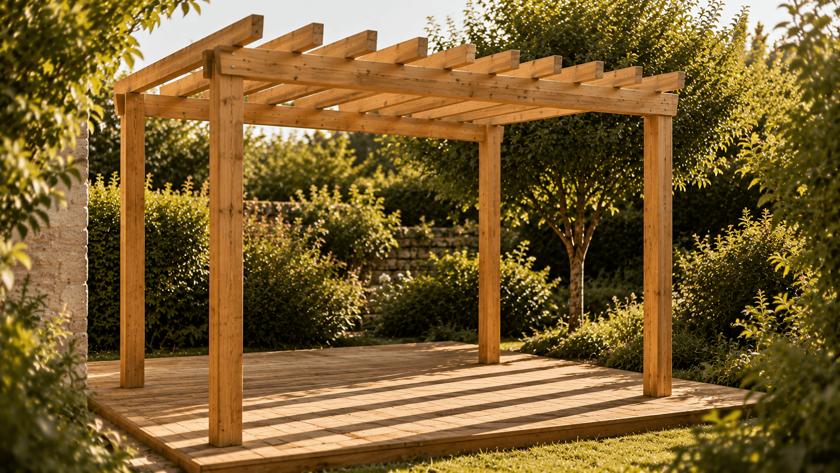 Pergola bois avec poteaux 90×90 mm et chevrons espacés sur terrasse