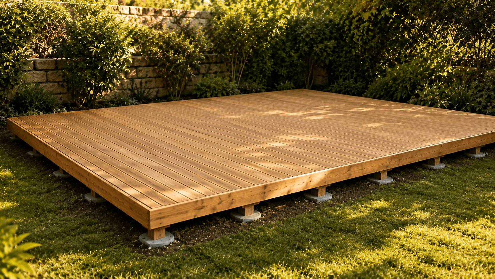 Terrasse bois en pin classe 4 sur plots béton dans un jardin