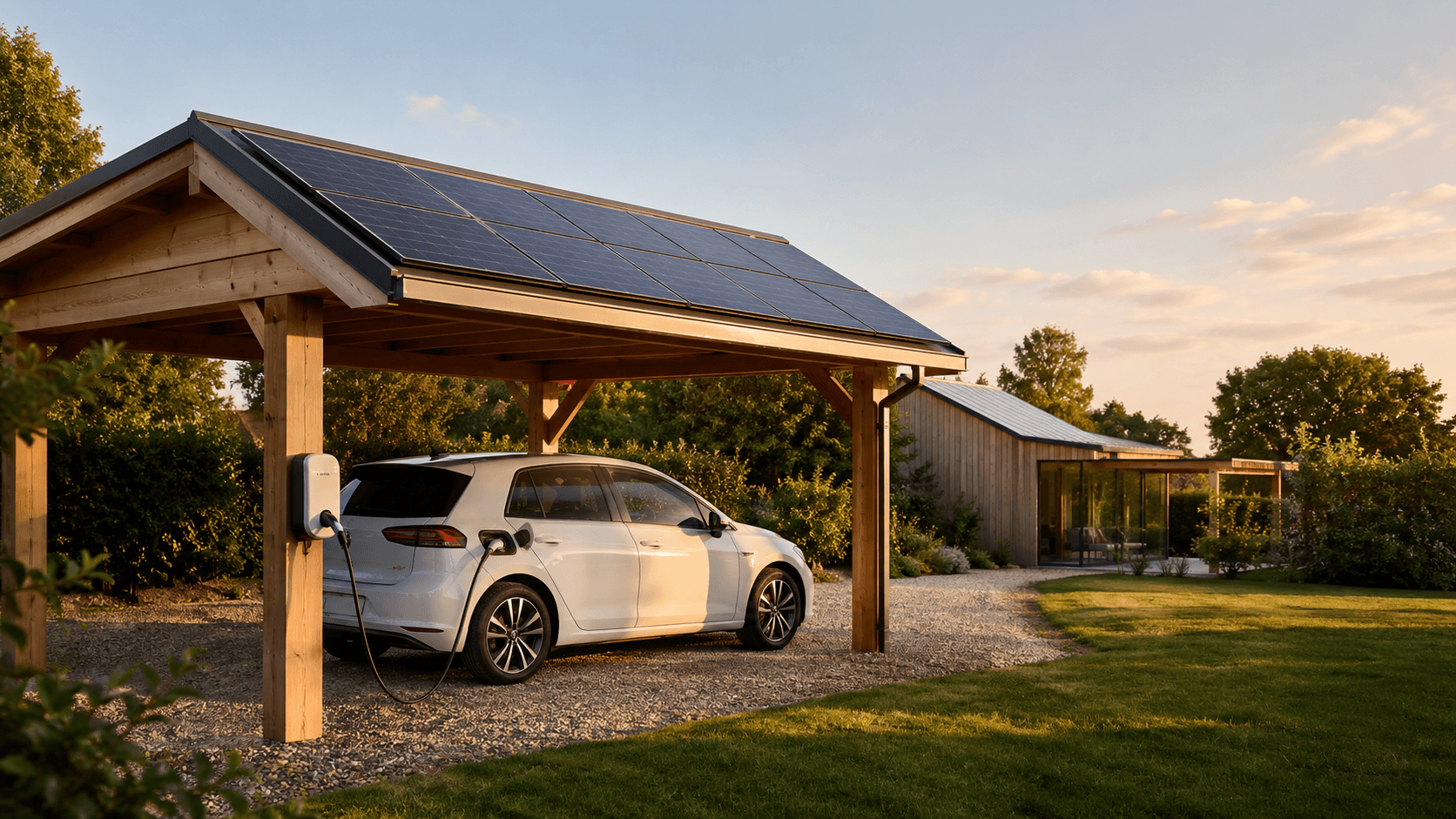 Carport bois monopente couvert de panneaux solaires, voiture électrique blanche branchée dessous, jardin résidentiel français en lumière dorée de fin d'après-midi