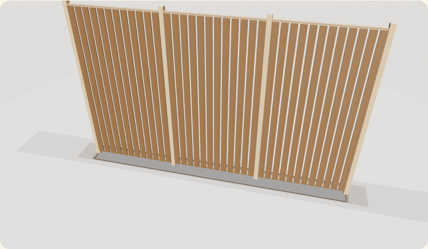 Vue 3D d'une clôture bois claire-voie verticale avec poteaux 90×90 mm classe 4 et lames espacées