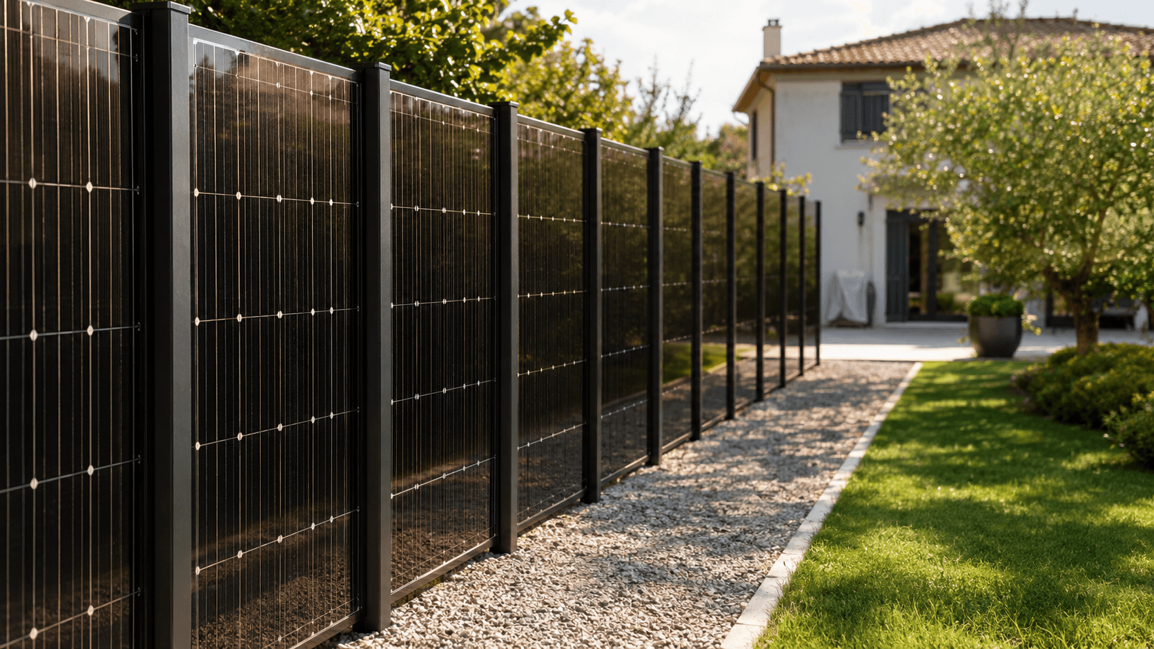 Clôture de jardin faite de panneaux solaires bifaciaux verre-verre montés verticalement entre poteaux aluminium anthracite, le long d'une allée pavillonnaire française en lumière dorée de fin d'après-midi