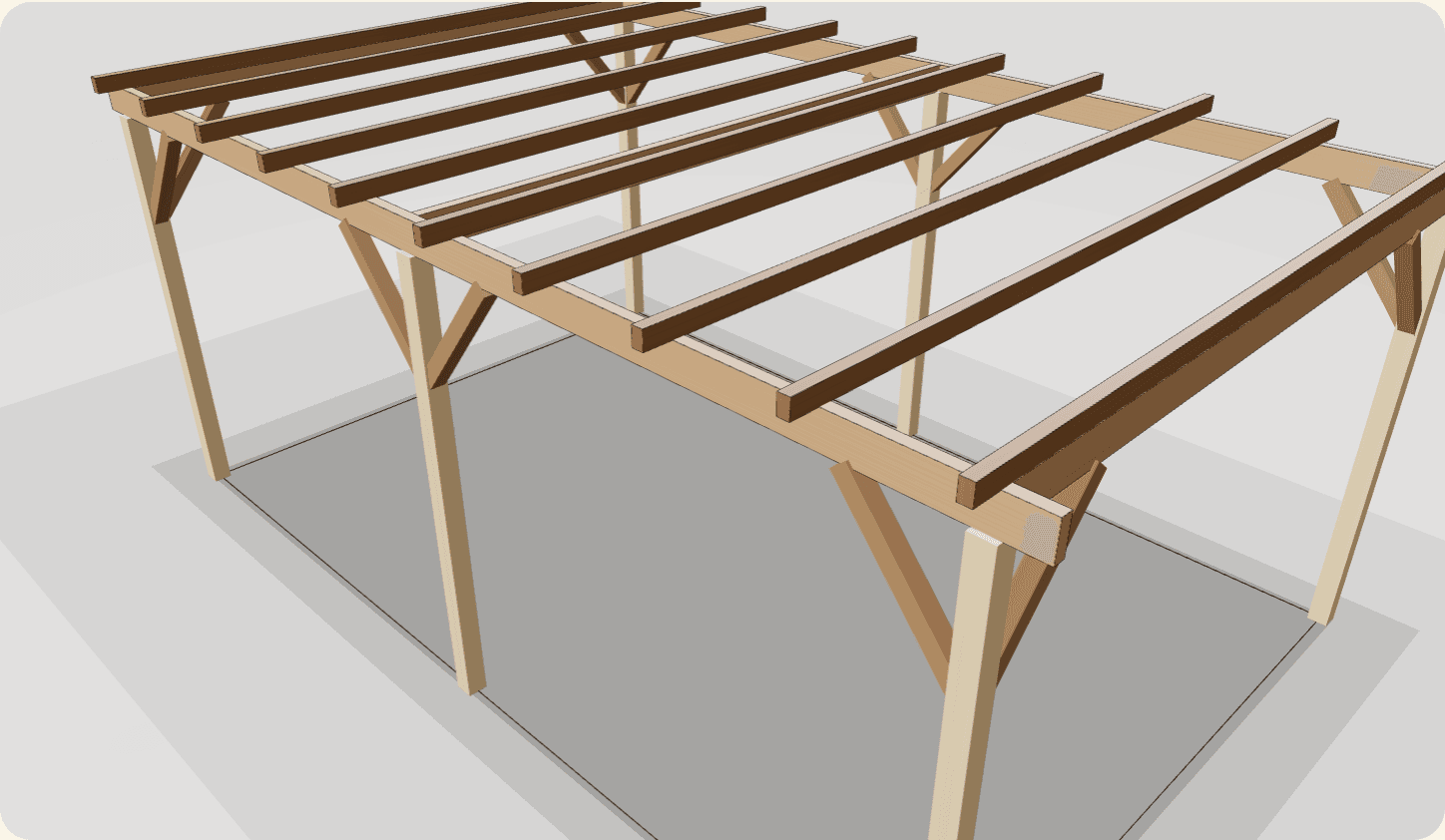 Vue 3D d'une pergola bois avec poteaux 100×100 mm, longerons, chevrons espacés et jambes de force
