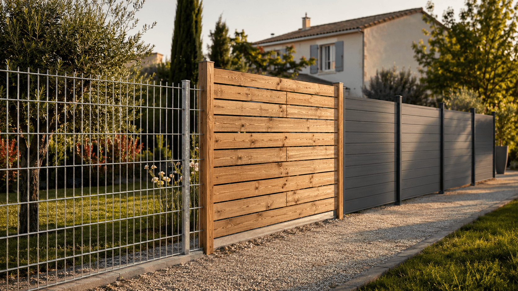 Plusieurs types de clôtures de jardin alignées — grillage rigide, lames bois et panneau composite — le long d'une allée pavillonnaire française en lumière dorée de fin d'après-midi