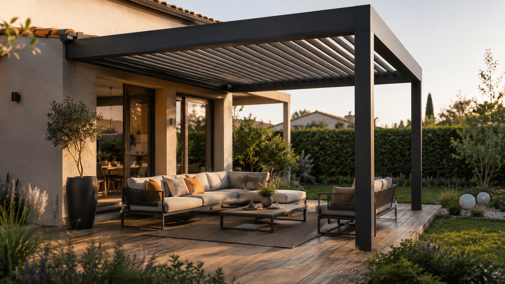 Pergola bioclimatique en aluminium à lames orientables au-dessus d'une terrasse en bois, jardin résidentiel français en fin d'après-midi