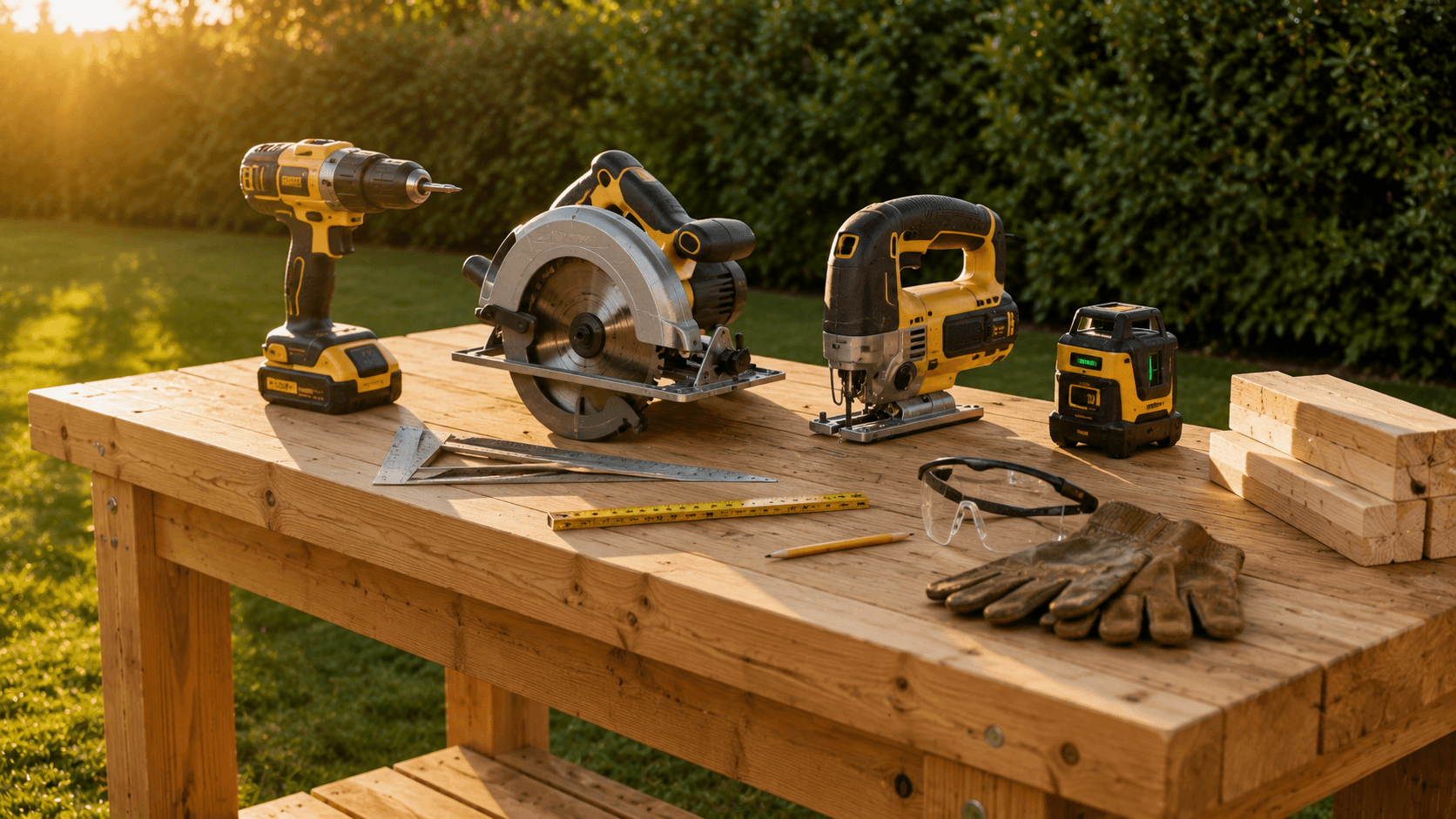 Établi en bois en plein air avec outillage DIY étalé : perceuse-visseuse 18V, scie circulaire, scie sauteuse, niveau laser, équerre, mètre, gants et lunettes — ambiance jardin lumière dorée
