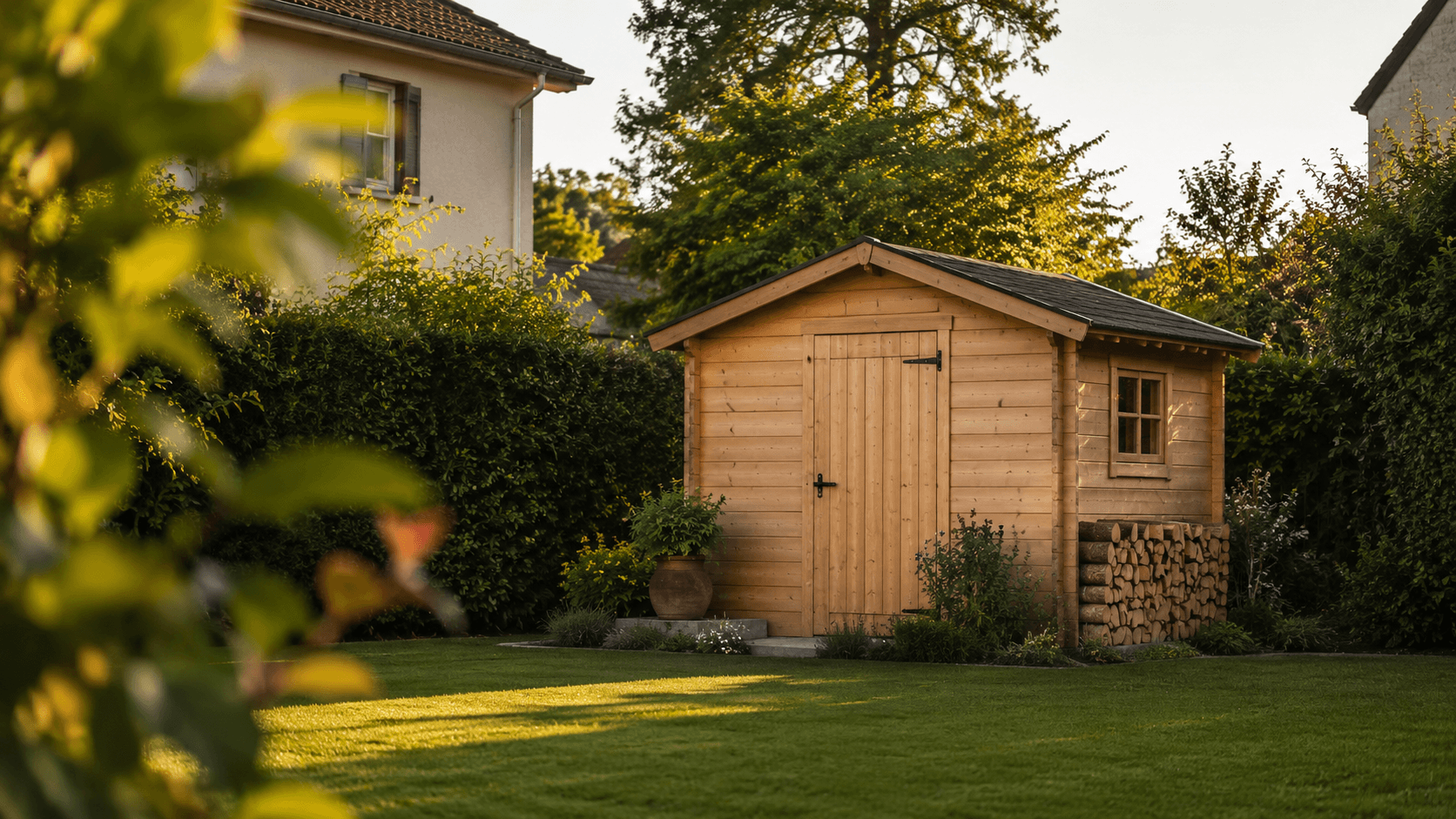 Abri de jardin en bois dans un jardin résidentiel français, fin d'après-midi en lumière dorée
