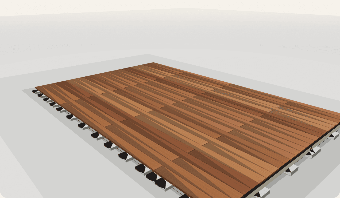Vue 3D d'une terrasse bois en pin classe 4 sur plots béton réglables, lames horizontales avec jeu de dilatation