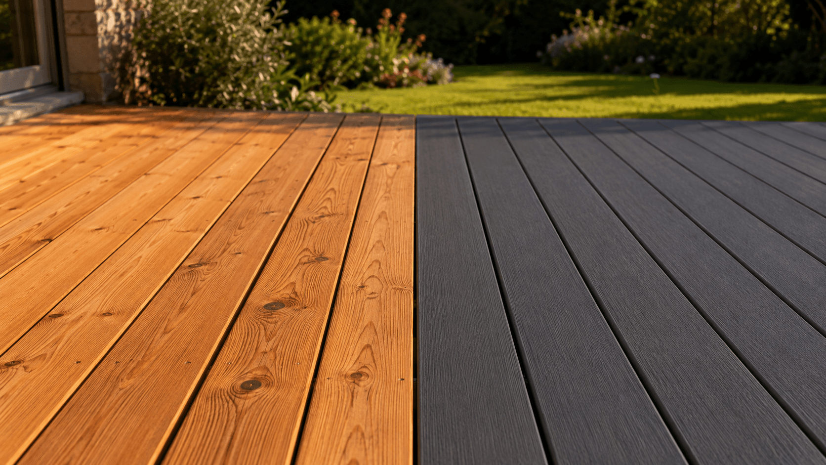 Terrasse de jardin moitié en lames de bois douglas saturé, moitié en lames composite gris anthracite, vue rapprochée du raccord, dans un jardin résidentiel français en lumière dorée de fin d'après-midi